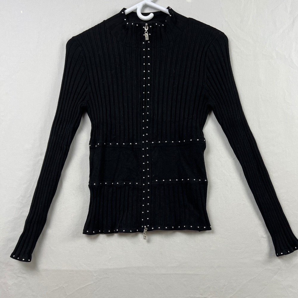 Fontana Cardigan Sweater Womens Small Black Studded Mock Neck Zip Ribbed Knit